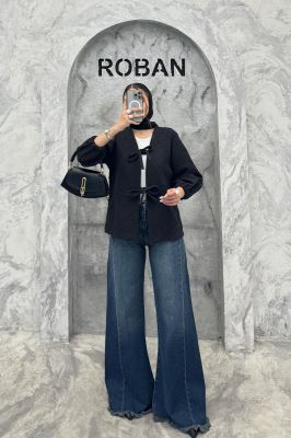 کت کتان ژاکارد جلو بنددار