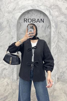 کت کتان ژاکارد جلو بنددار