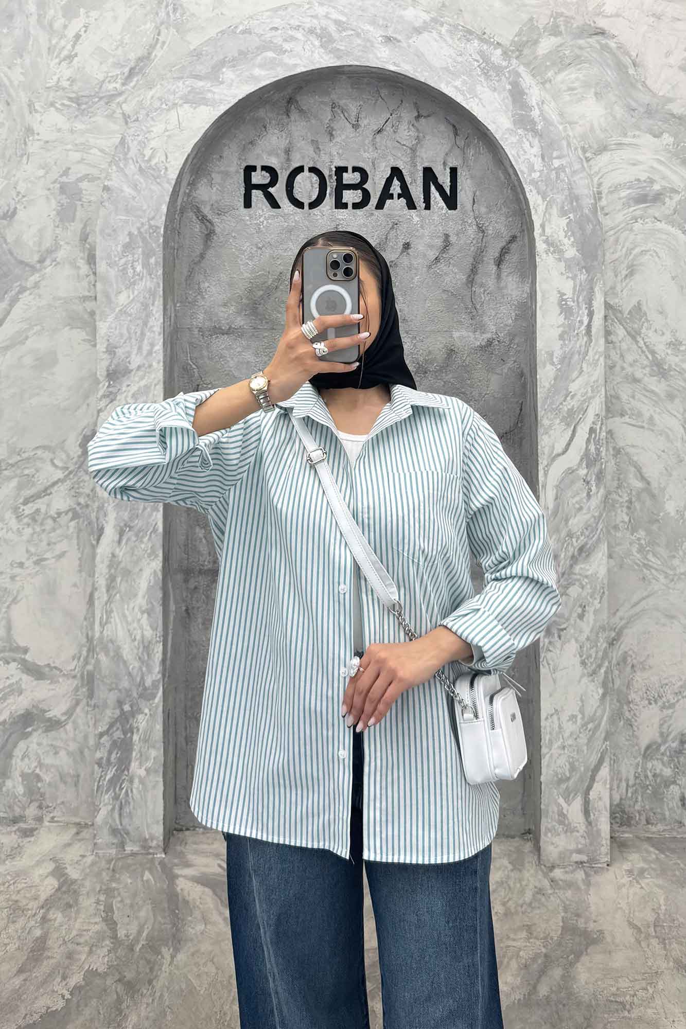 شومیز مانتویی تک جیب راه راه 