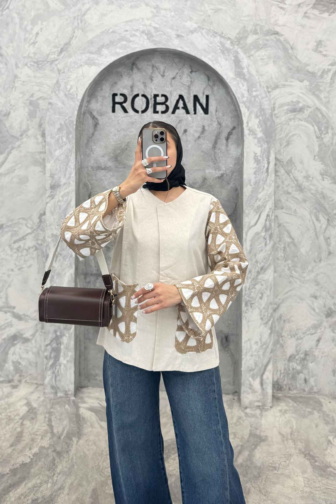 کت لینن آستین گیپور دو جیب