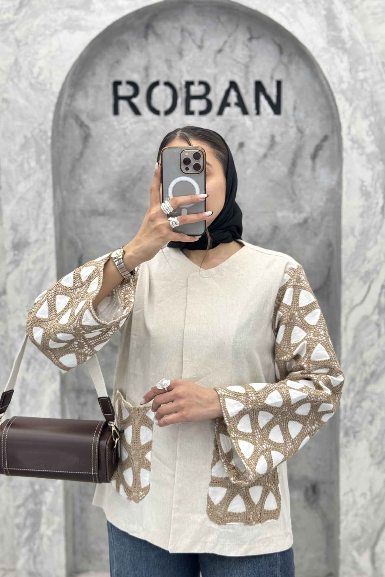 کت لینن آستین گیپور دو جیب