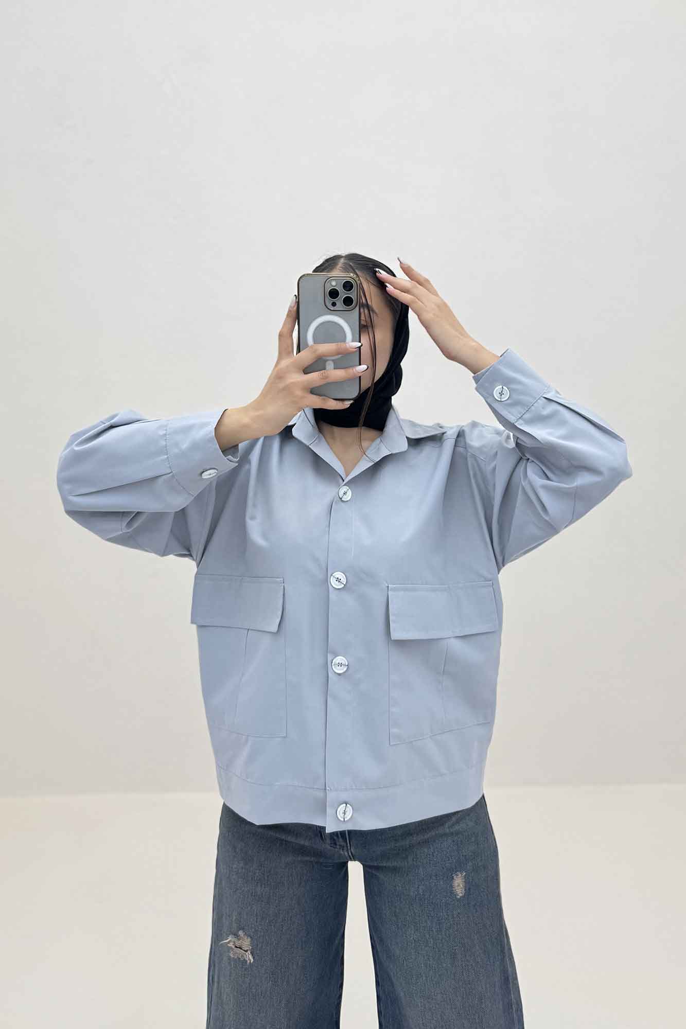 شومیز مانتویی دو جیب پاکتی داکرون