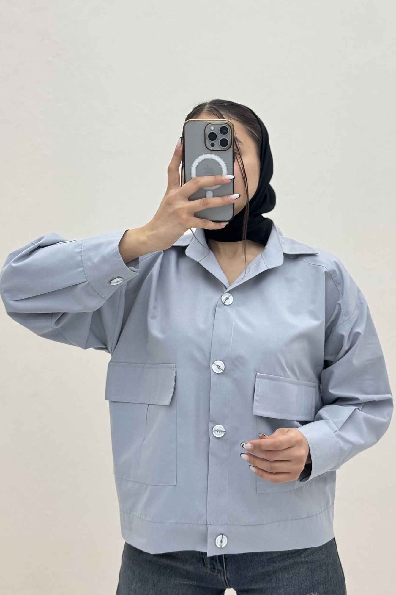 شومیز مانتویی دو جیب پاکتی داکرون