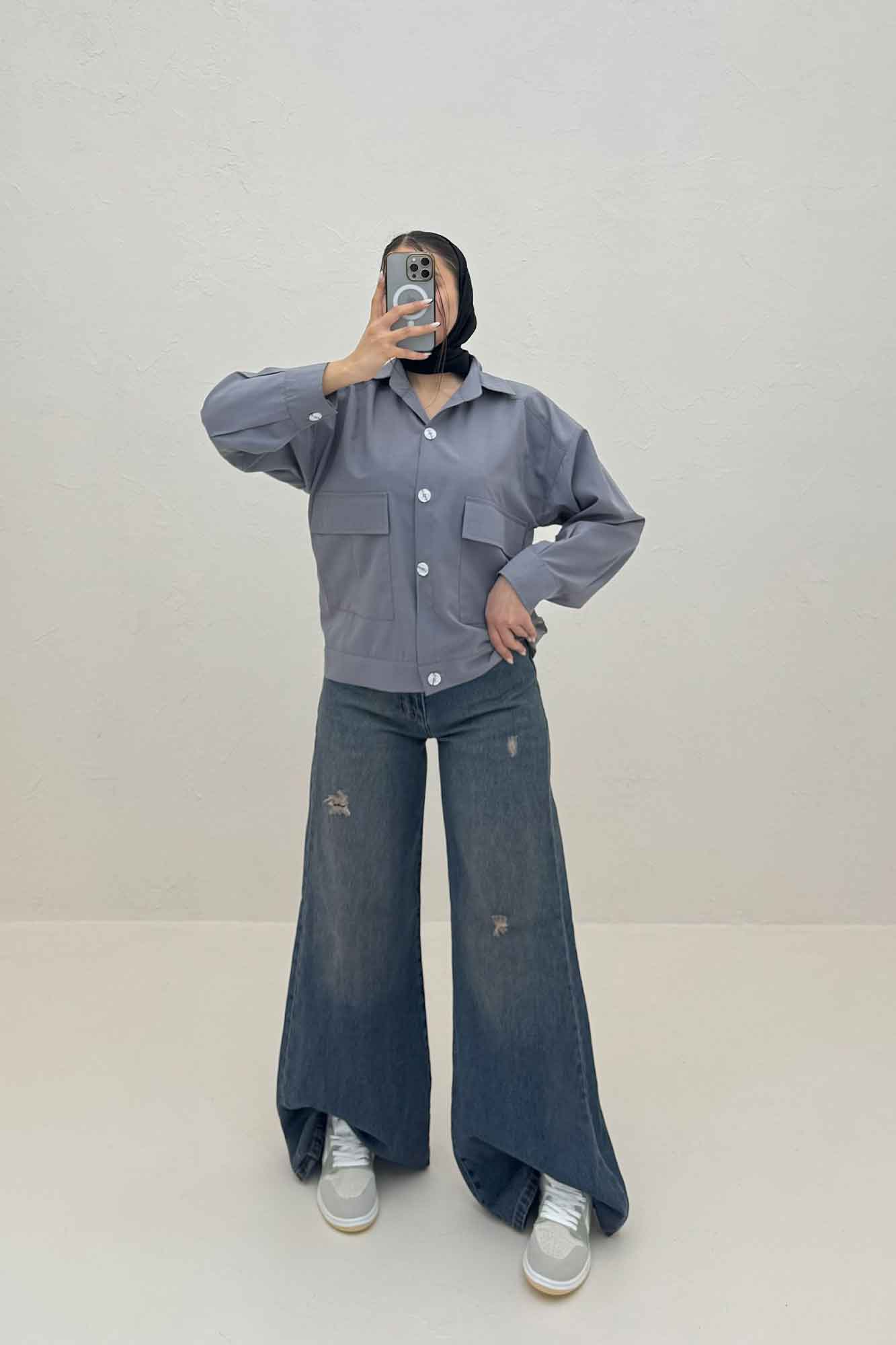 شومیز مانتویی دو جیب پاکتی داکرون