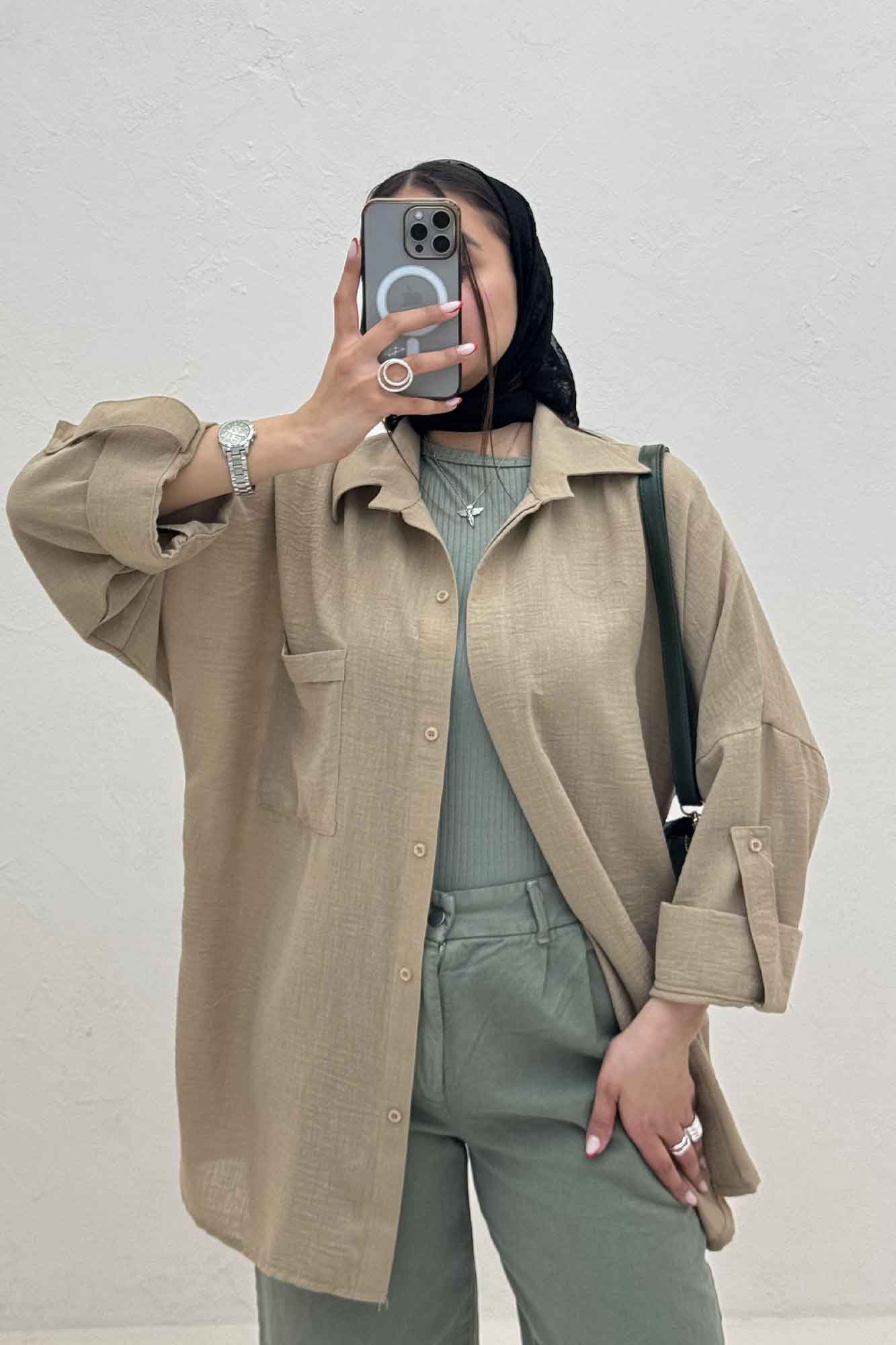 شومیز مانتویی لینن پشت دکمه آستین پاگن