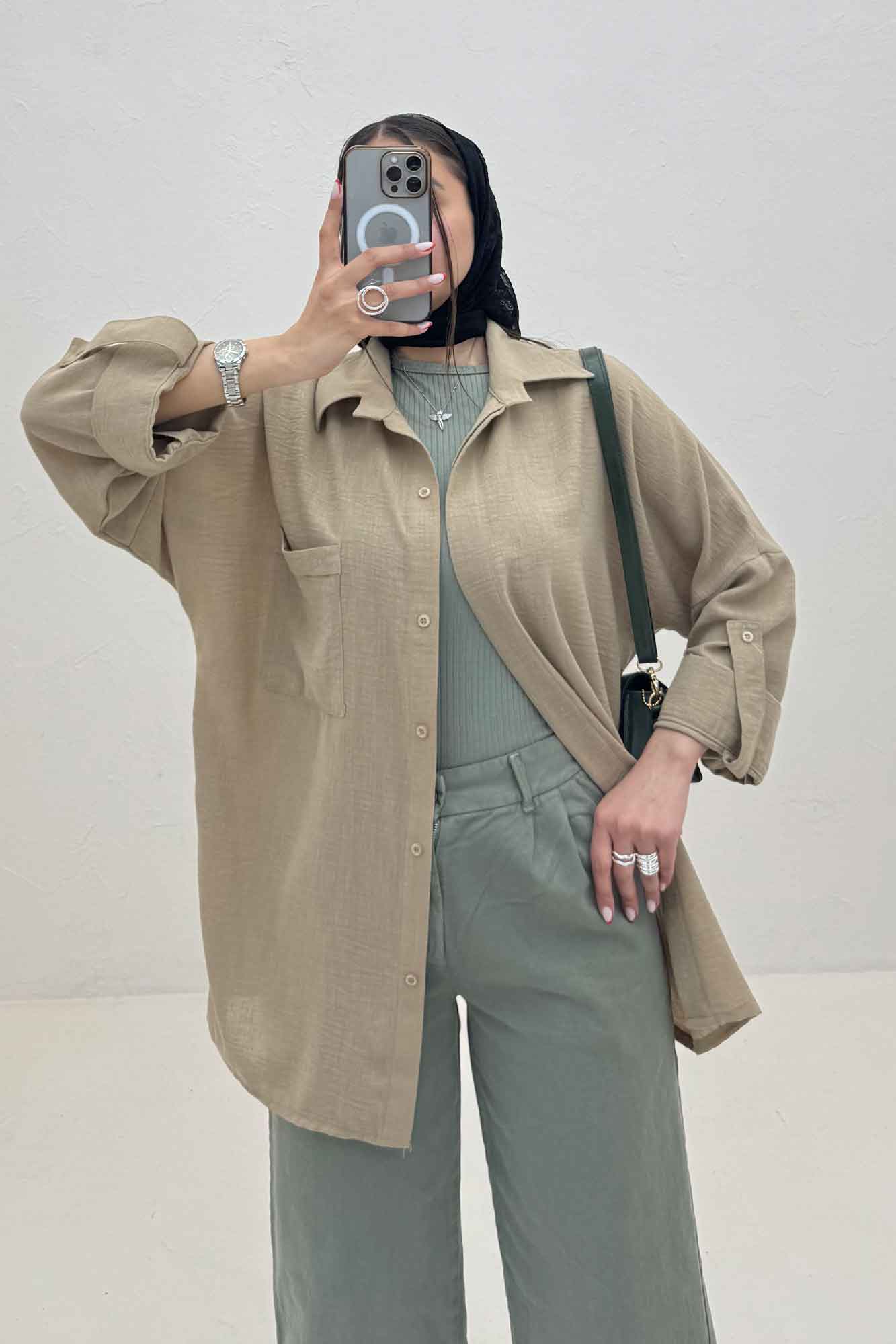 شومیز مانتویی لینن پشت دکمه آستین پاگن