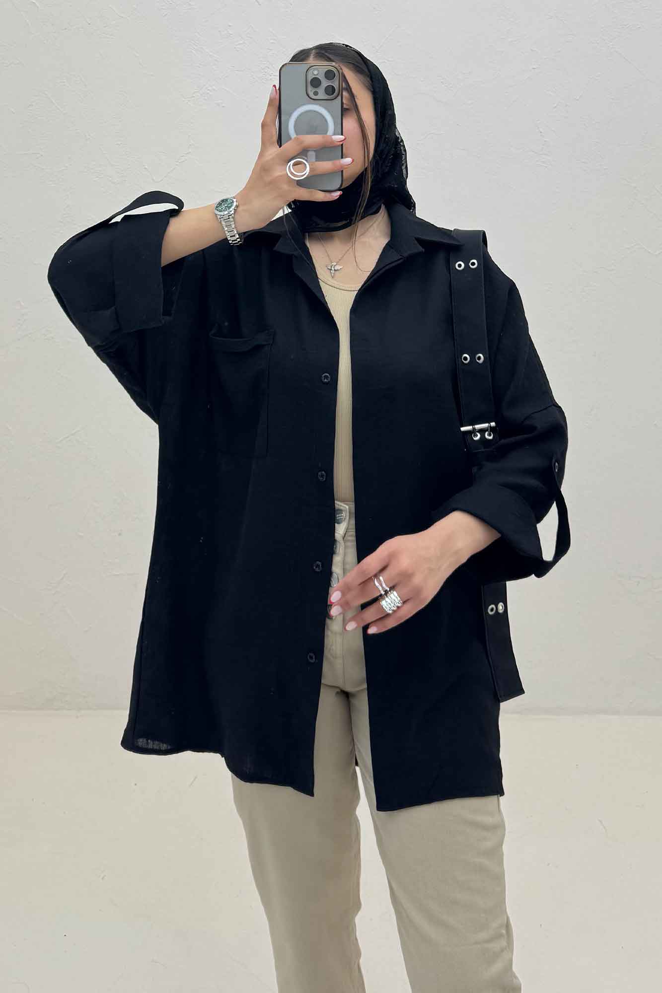 شومیز مانتویی لینن پشت دکمه آستین پاگن