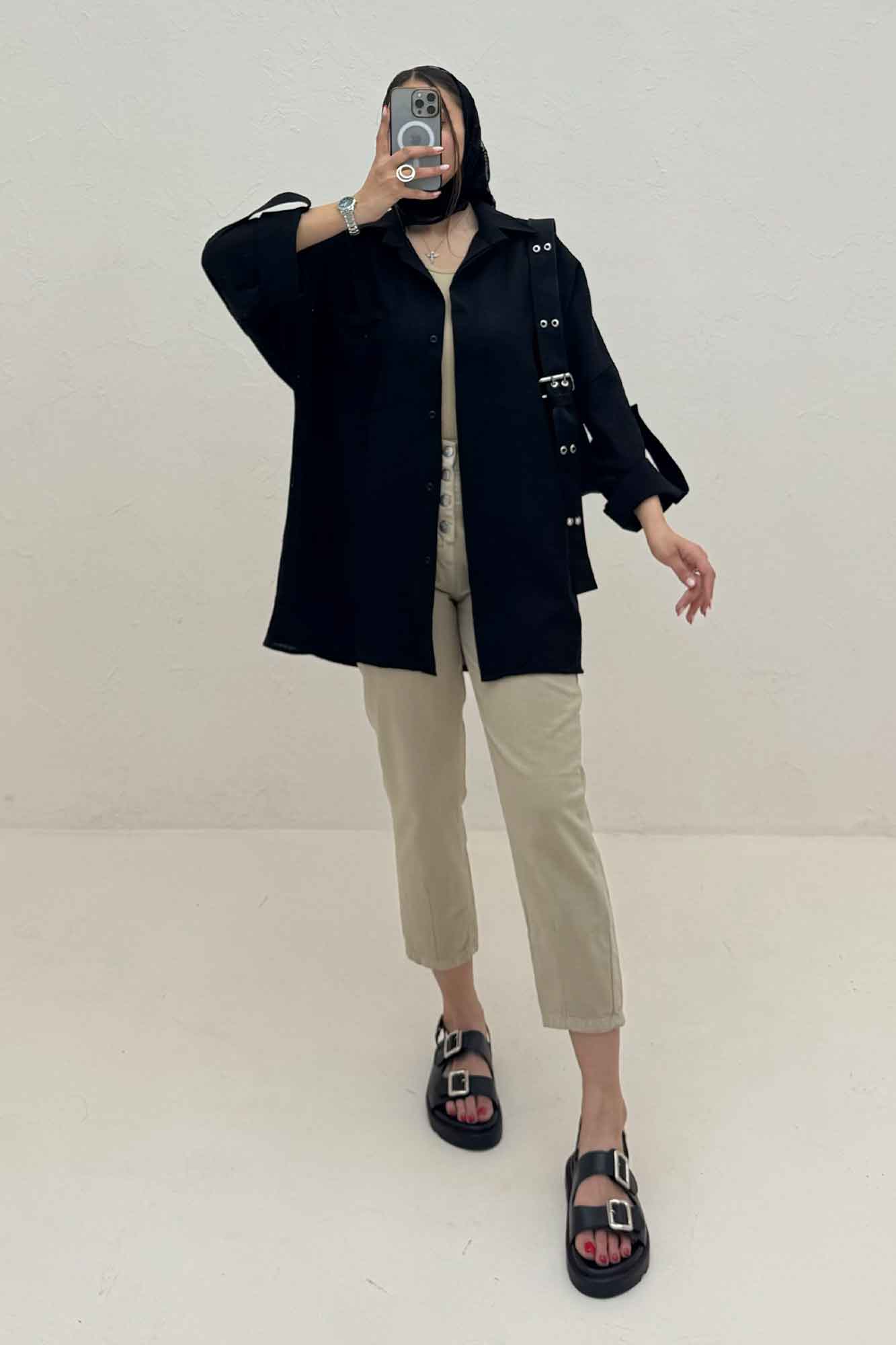 شومیز مانتویی لینن پشت دکمه آستین پاگن