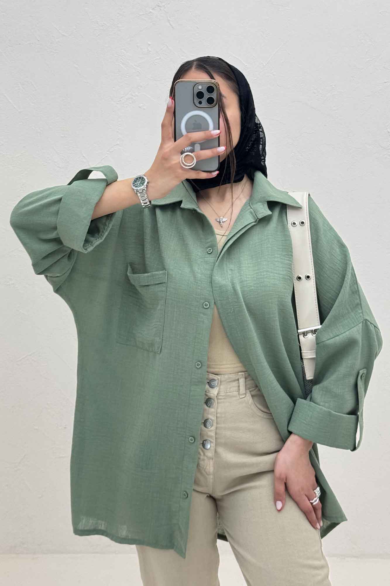 شومیز مانتویی لینن پشت دکمه آستین پاگن