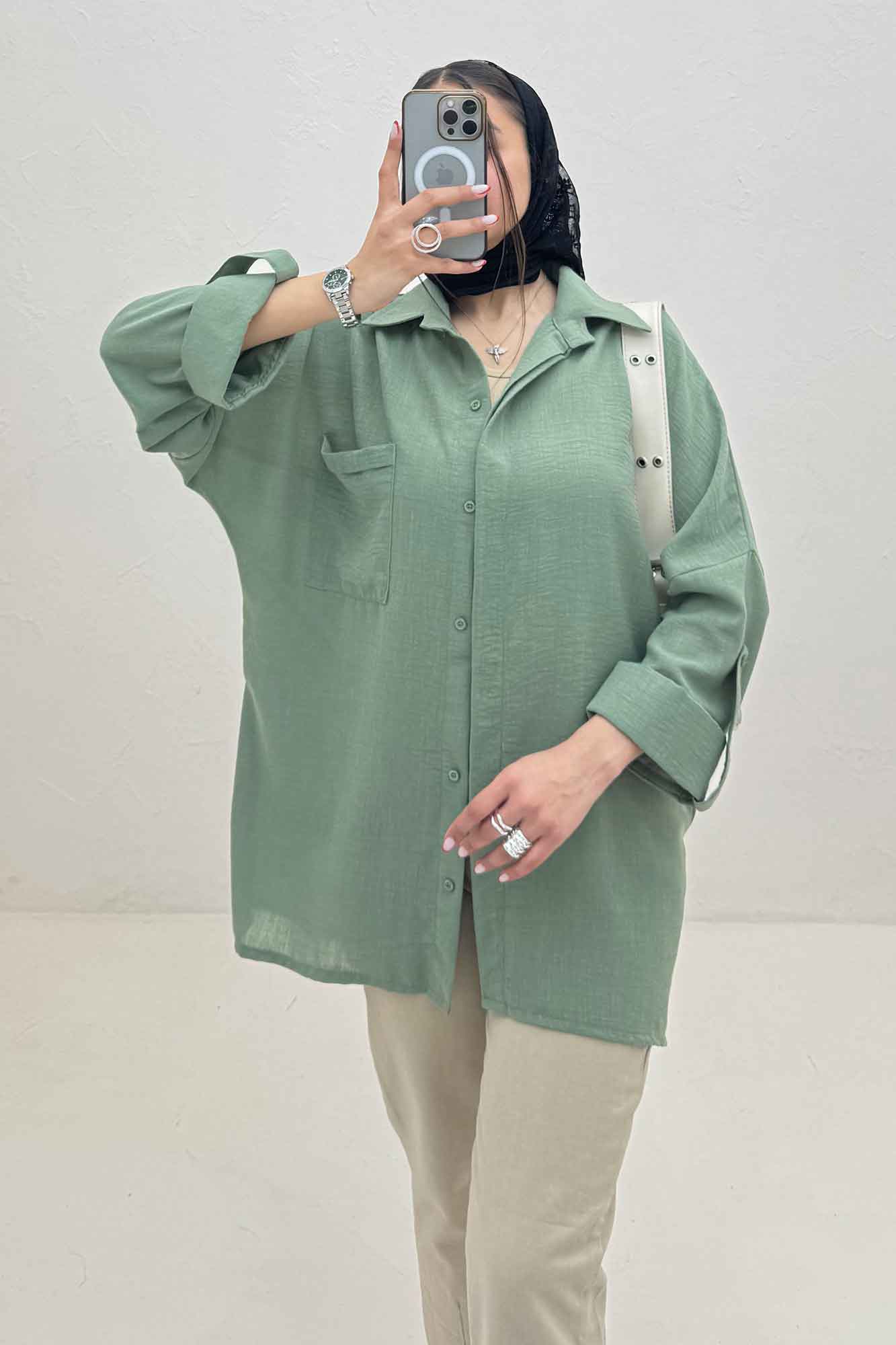 شومیز مانتویی لینن پشت دکمه آستین پاگن