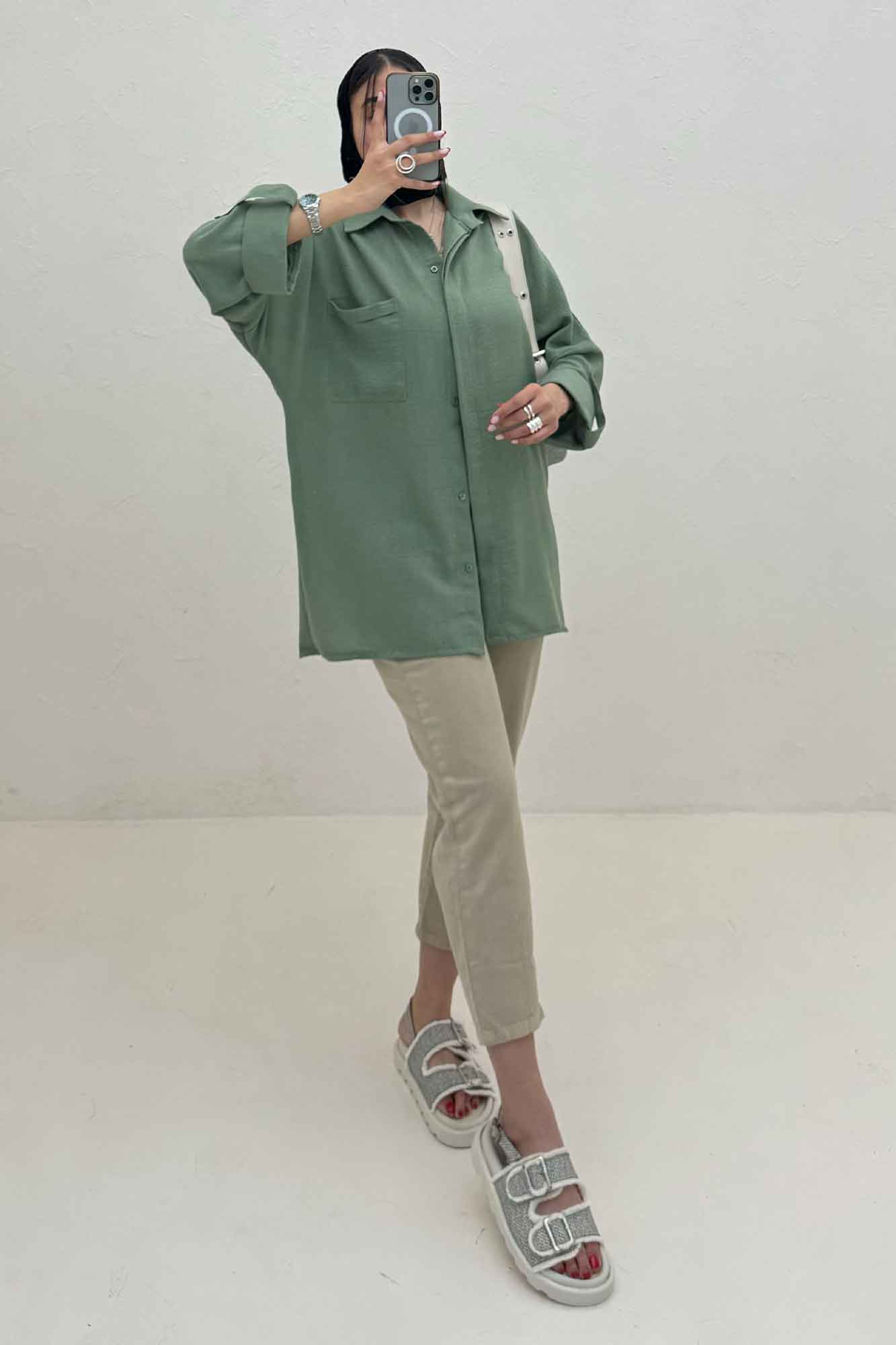 شومیز مانتویی لینن پشت دکمه آستین پاگن