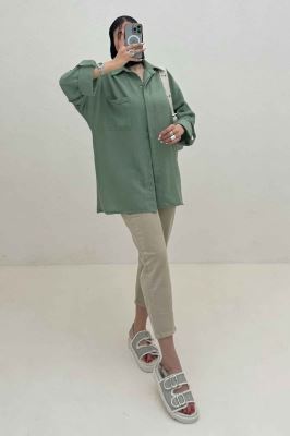 شومیز مانتویی لینن پشت دکمه آستین پاگن