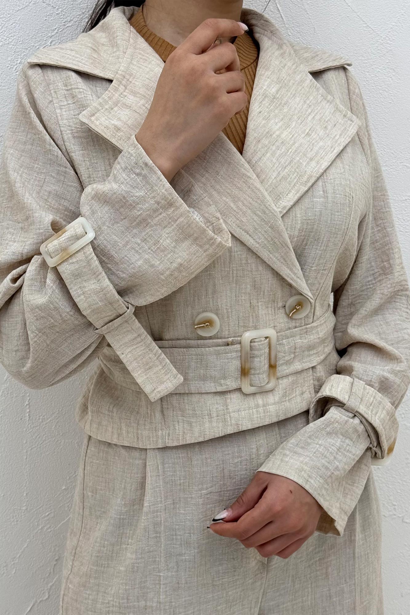 ست کت و شلوار آستین سگک شانتون برفکی