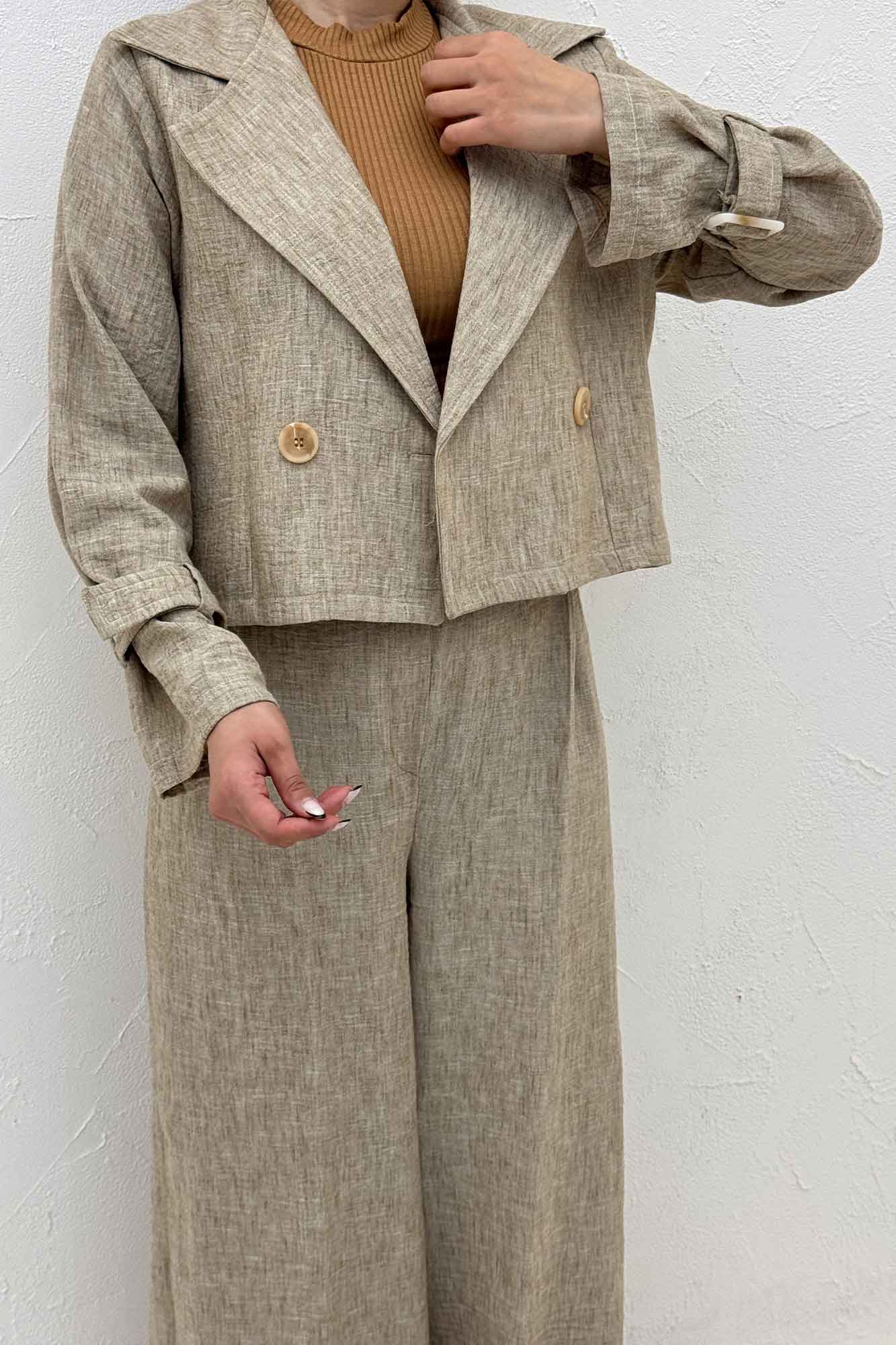 ست کت و شلوار آستین سگک شانتون برفکی