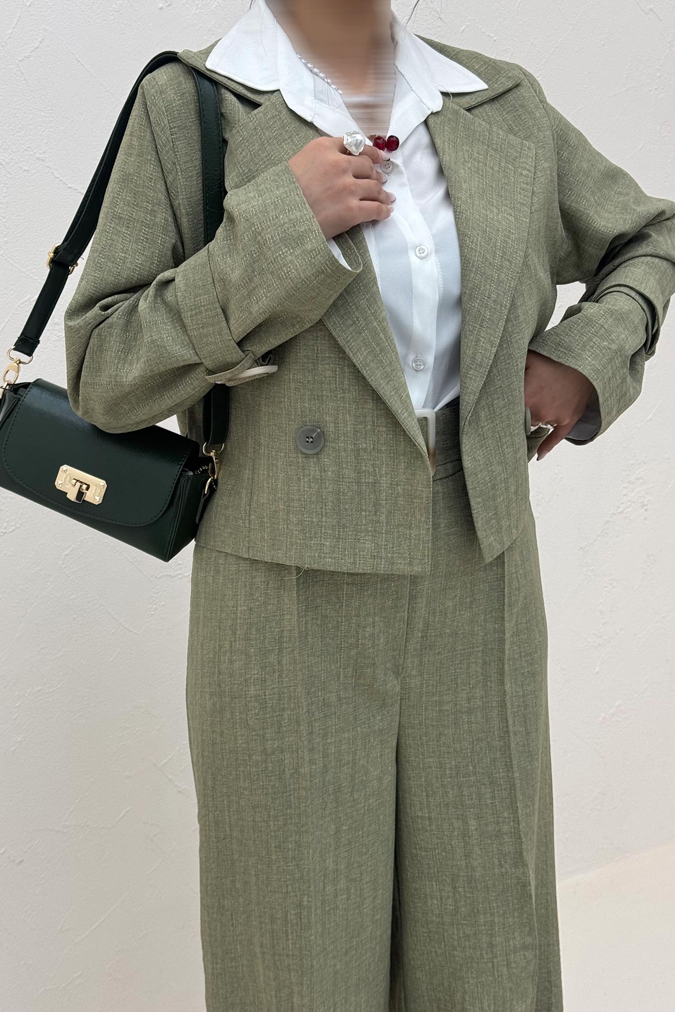 ست کت و شلوار کمربنددار دار شانتون زیپی