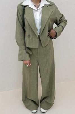 ست کت و شلوار کمربنددار دار شانتون زیپی