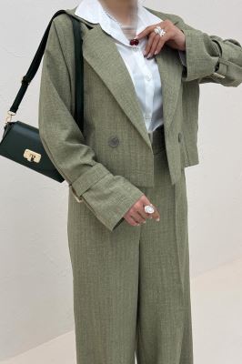 ست کت و شلوار کمربنددار دار شانتون زیپی