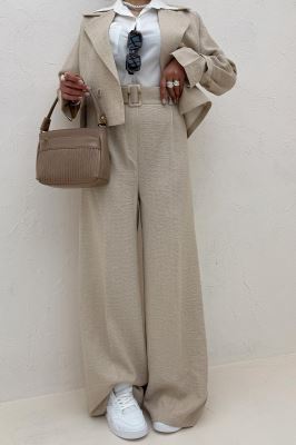 ست کت و شلوار کمربنددار دار شانتون زیپی