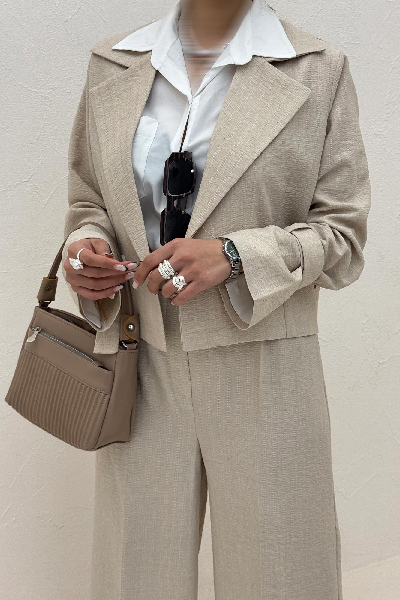 ست کت و شلوار کمربنددار دار شانتون زیپی