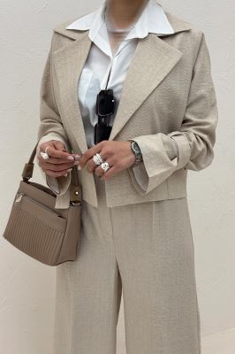 ست کت و شلوار کمربنددار دار شانتون زیپی