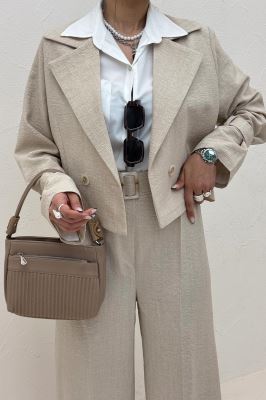 ست کت و شلوار کمربنددار دار شانتون زیپی