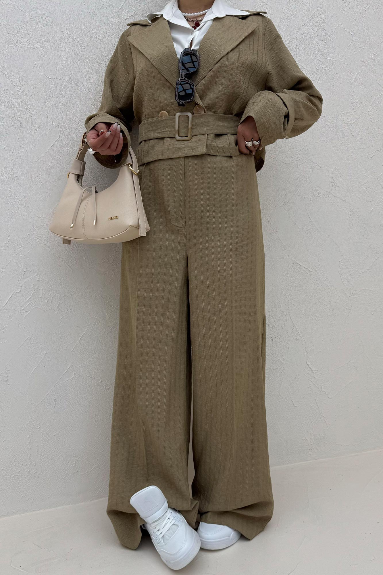 ست کت و شلوار کمربنددار دار شانتون زیپی