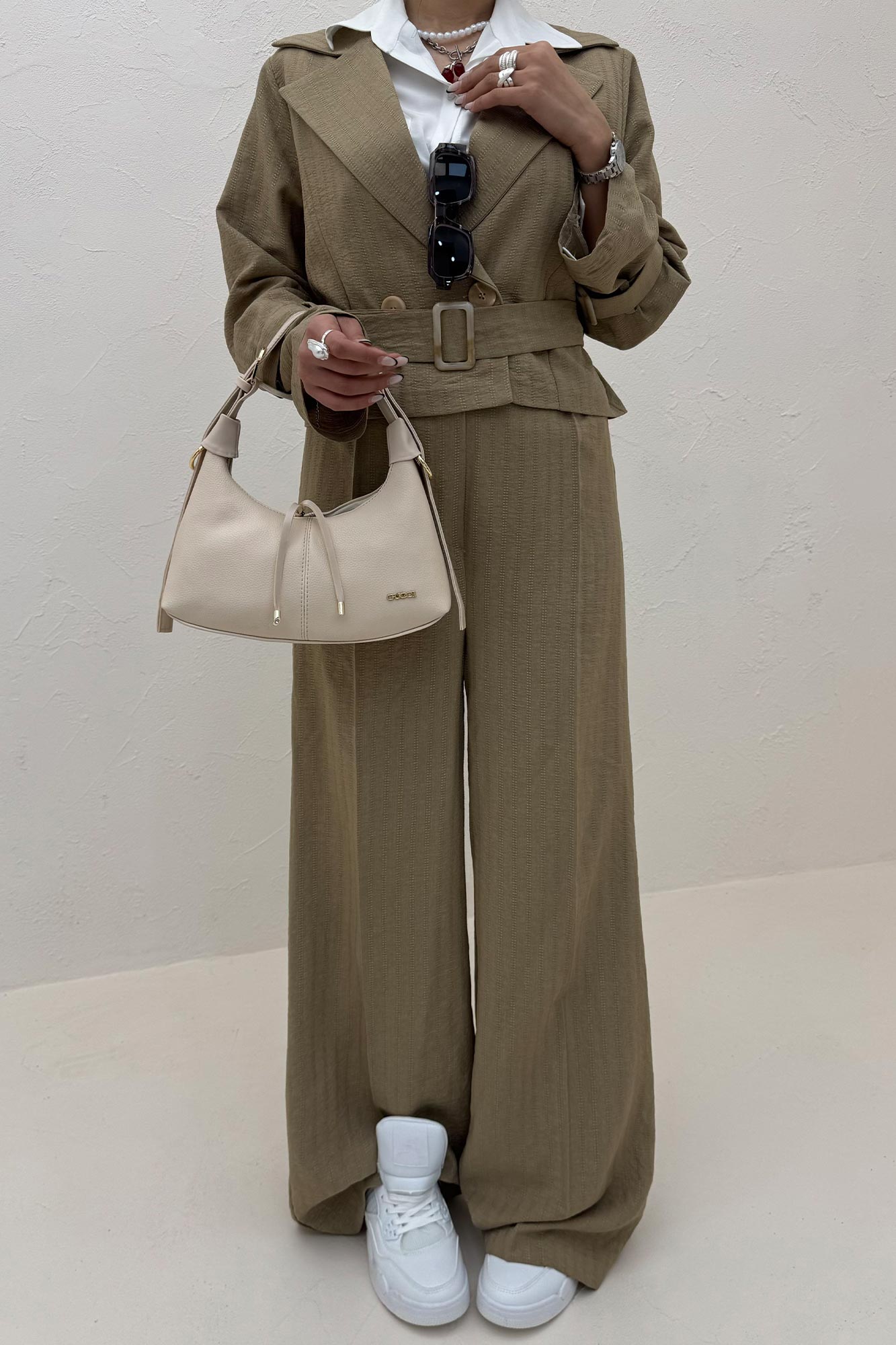 ست کت و شلوار کمربنددار دار شانتون زیپی