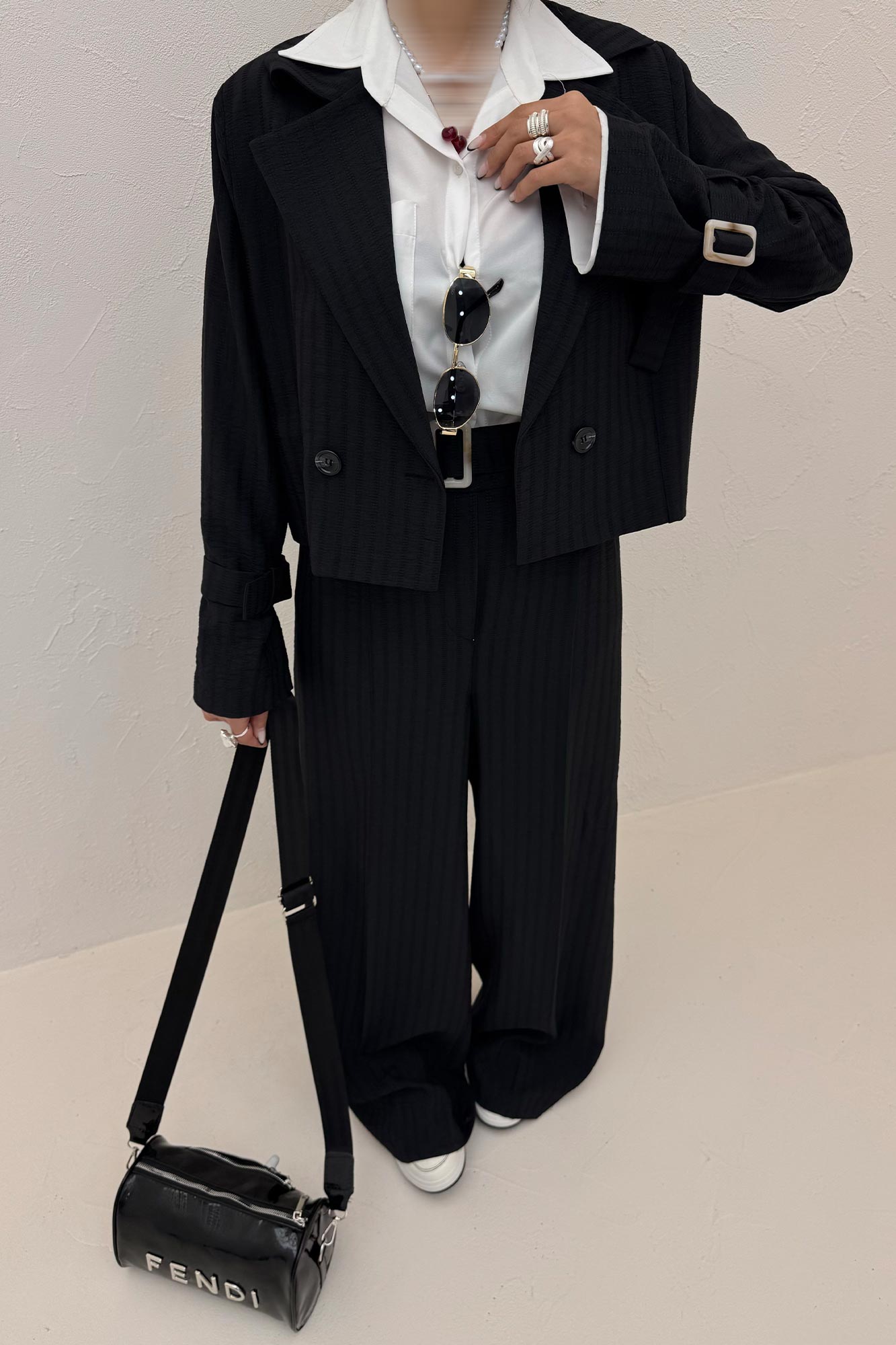 ست کت و شلوار کمربنددار دار شانتون زیپی