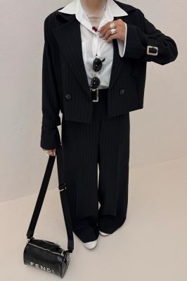 ست کت و شلوار کمربنددار دار شانتون زیپی