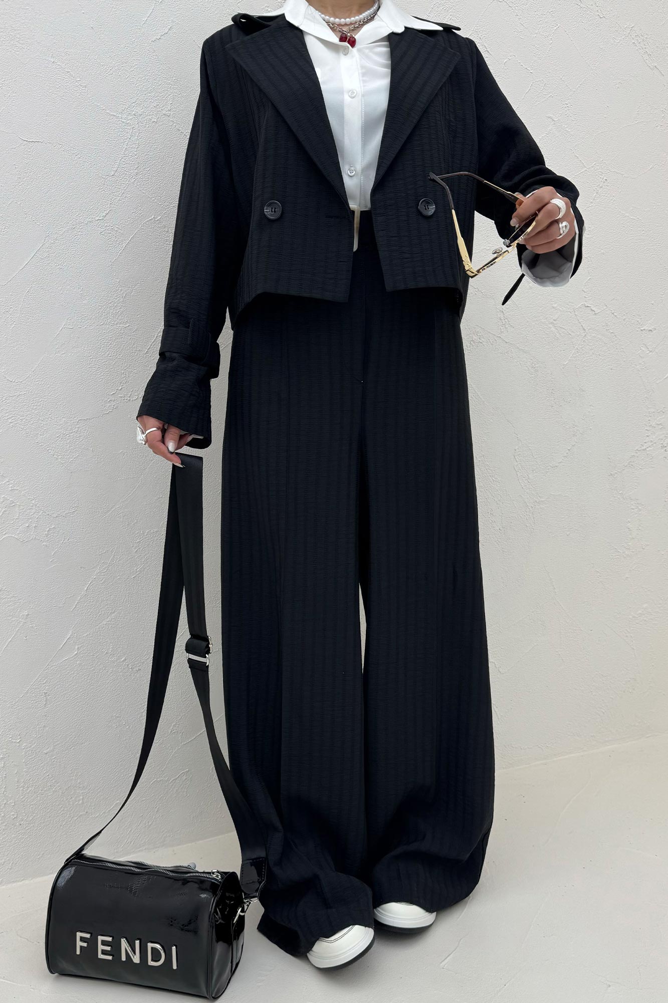 ست کت و شلوار کمربنددار دار شانتون زیپی