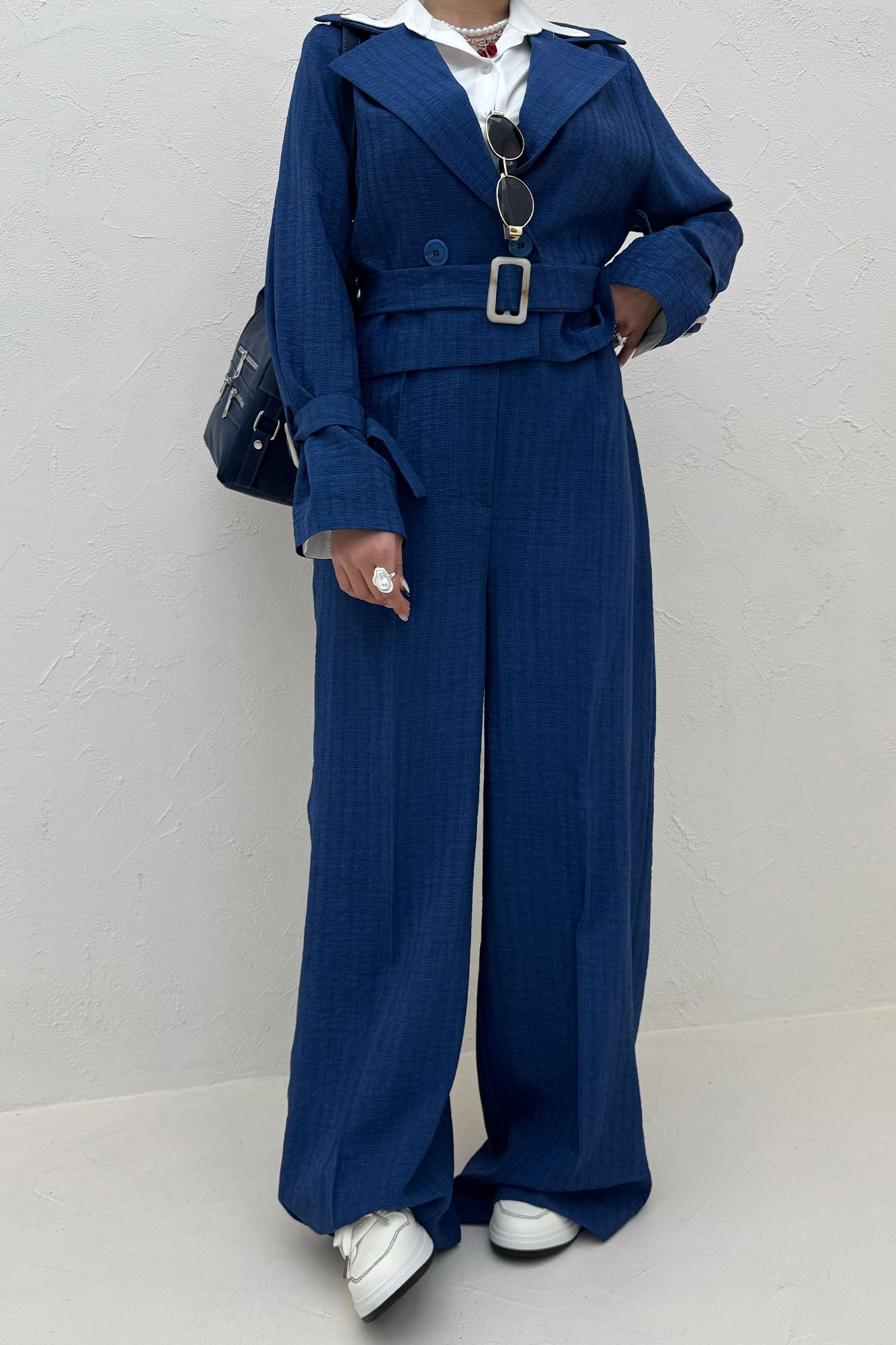 ست کت و شلوار کمربنددار دار شانتون زیپی