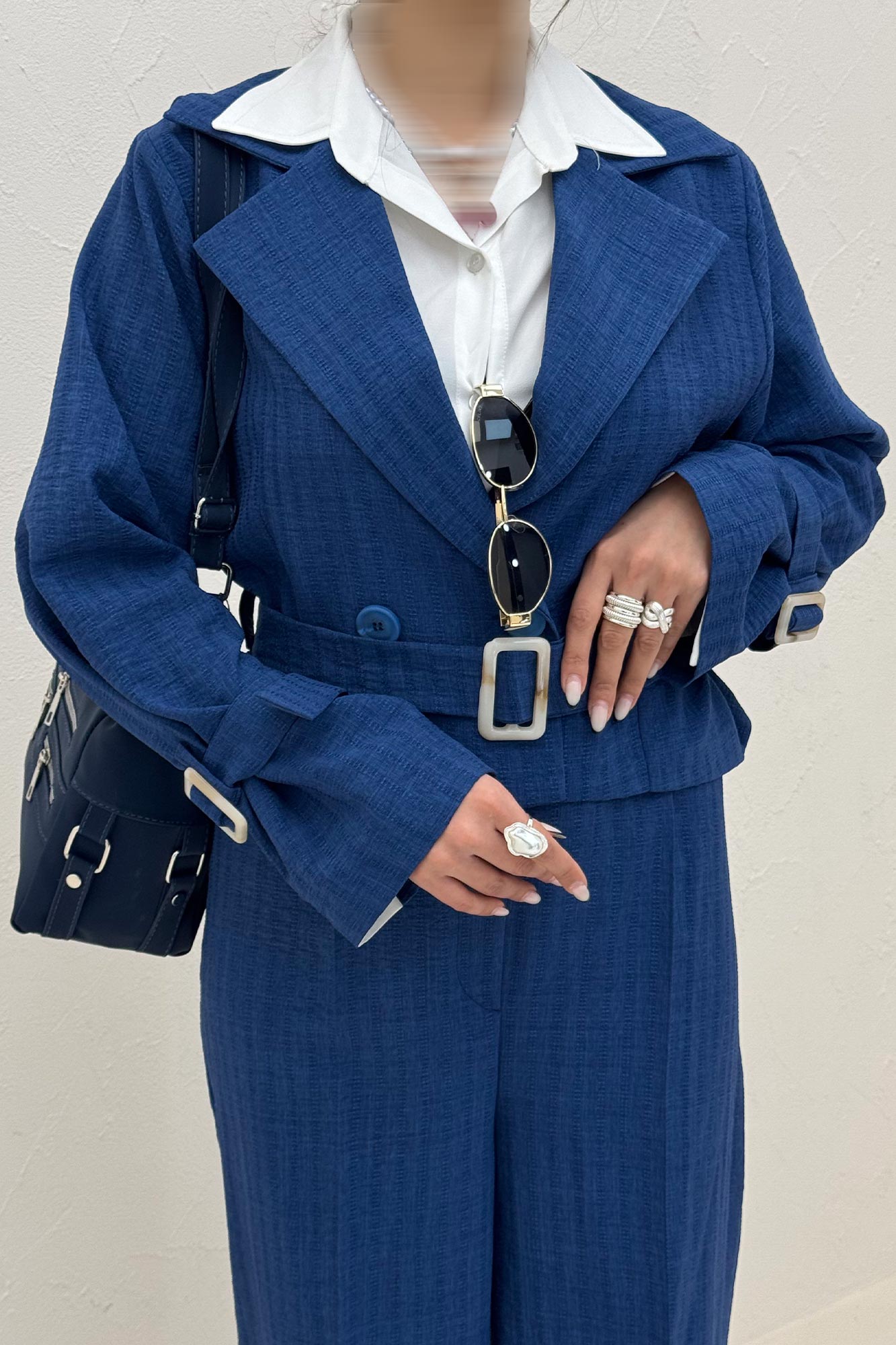 ست کت و شلوار کمربنددار دار شانتون زیپی