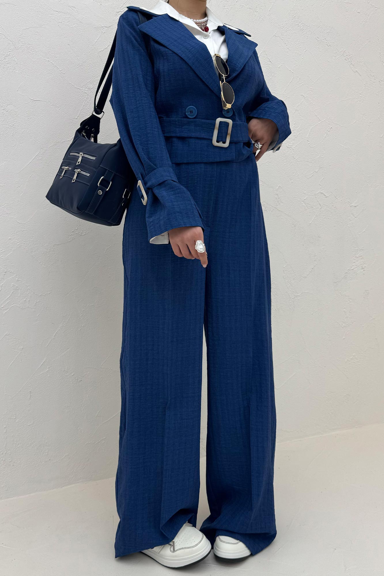 ست کت و شلوار کمربنددار دار شانتون زیپی