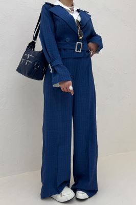 ست کت و شلوار کمربنددار دار شانتون زیپی