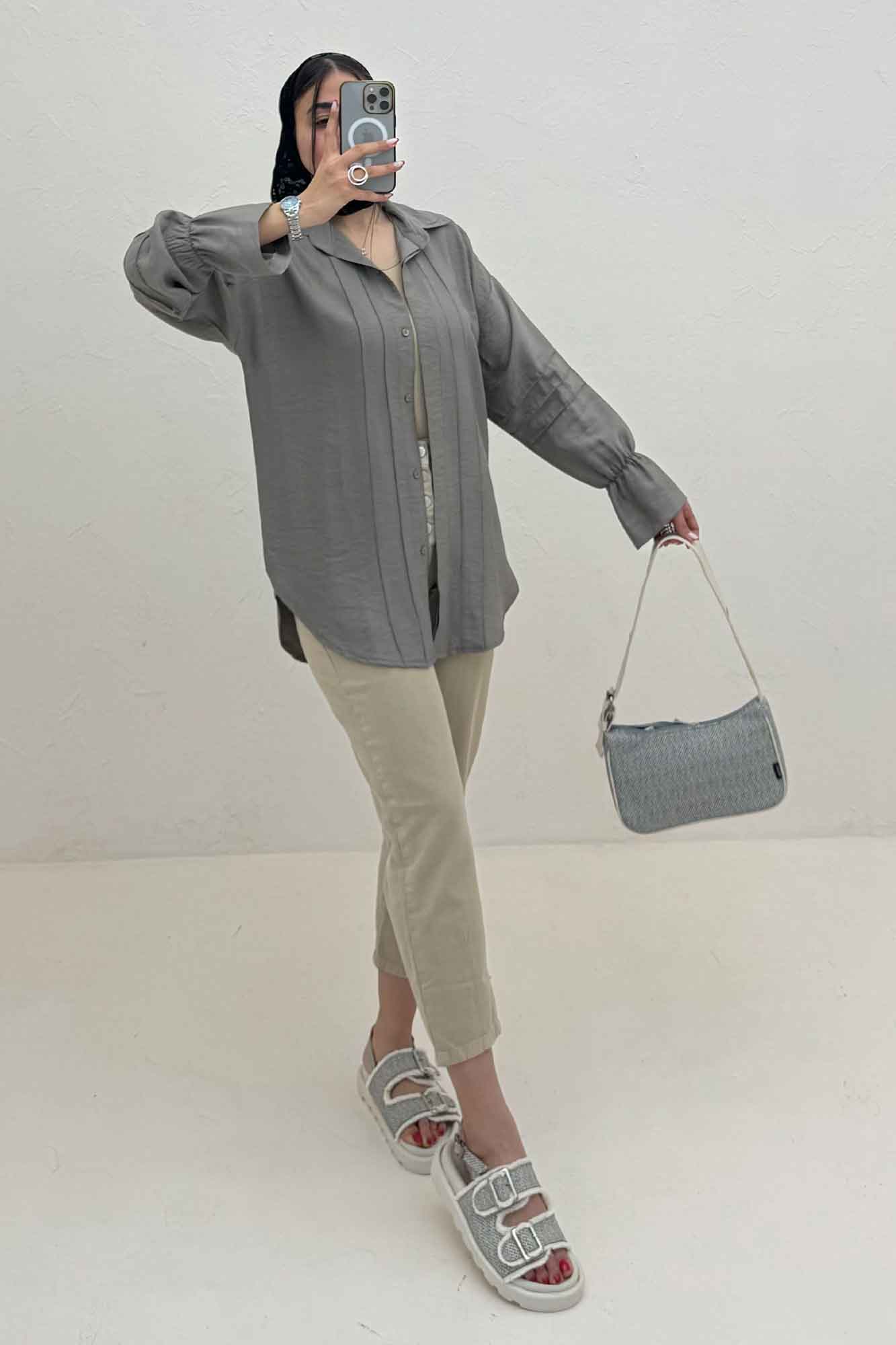 شومیز مانتویی خط دار آستین کش کرسپو