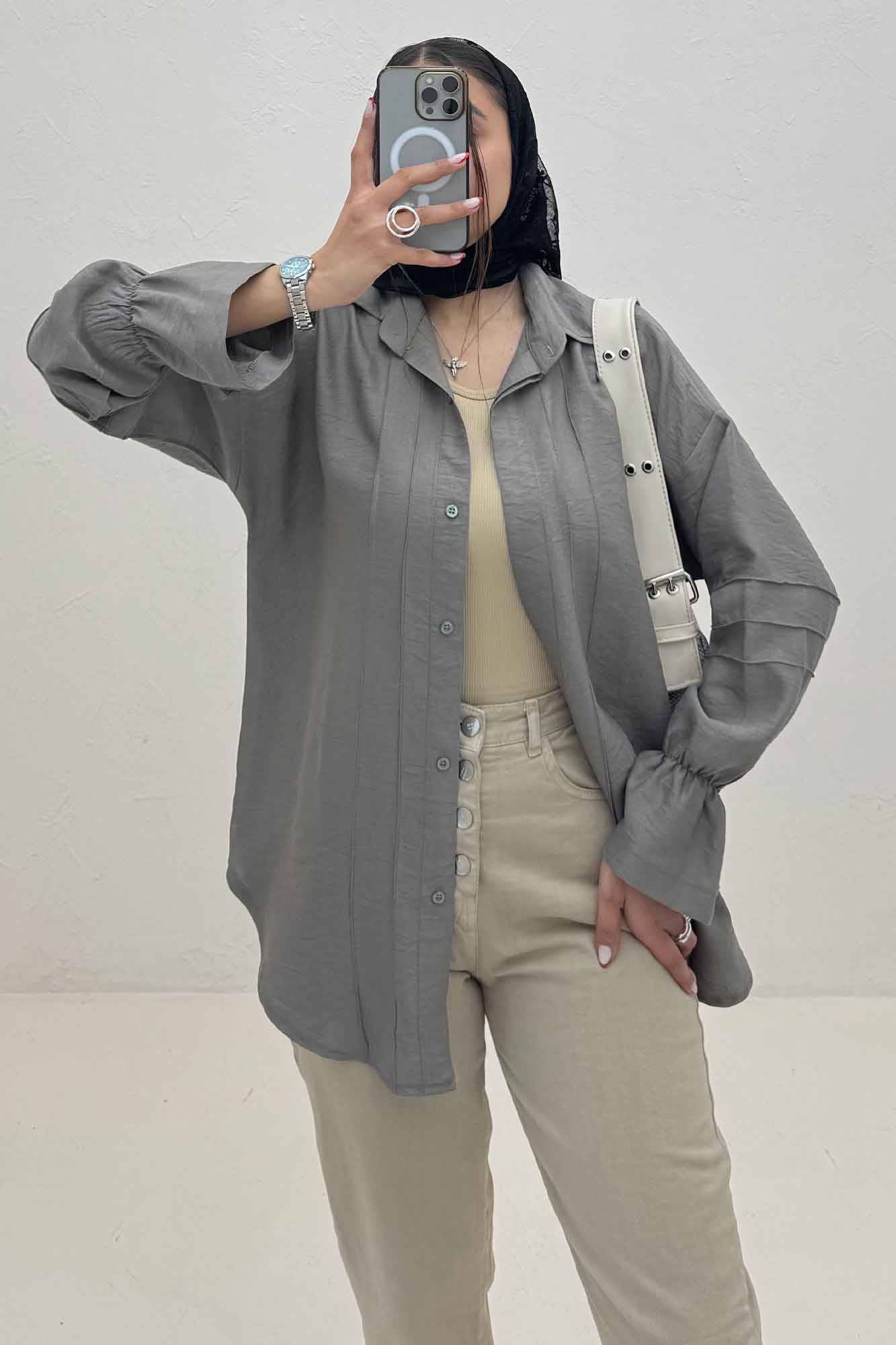 شومیز مانتویی خط دار آستین کش کرسپو