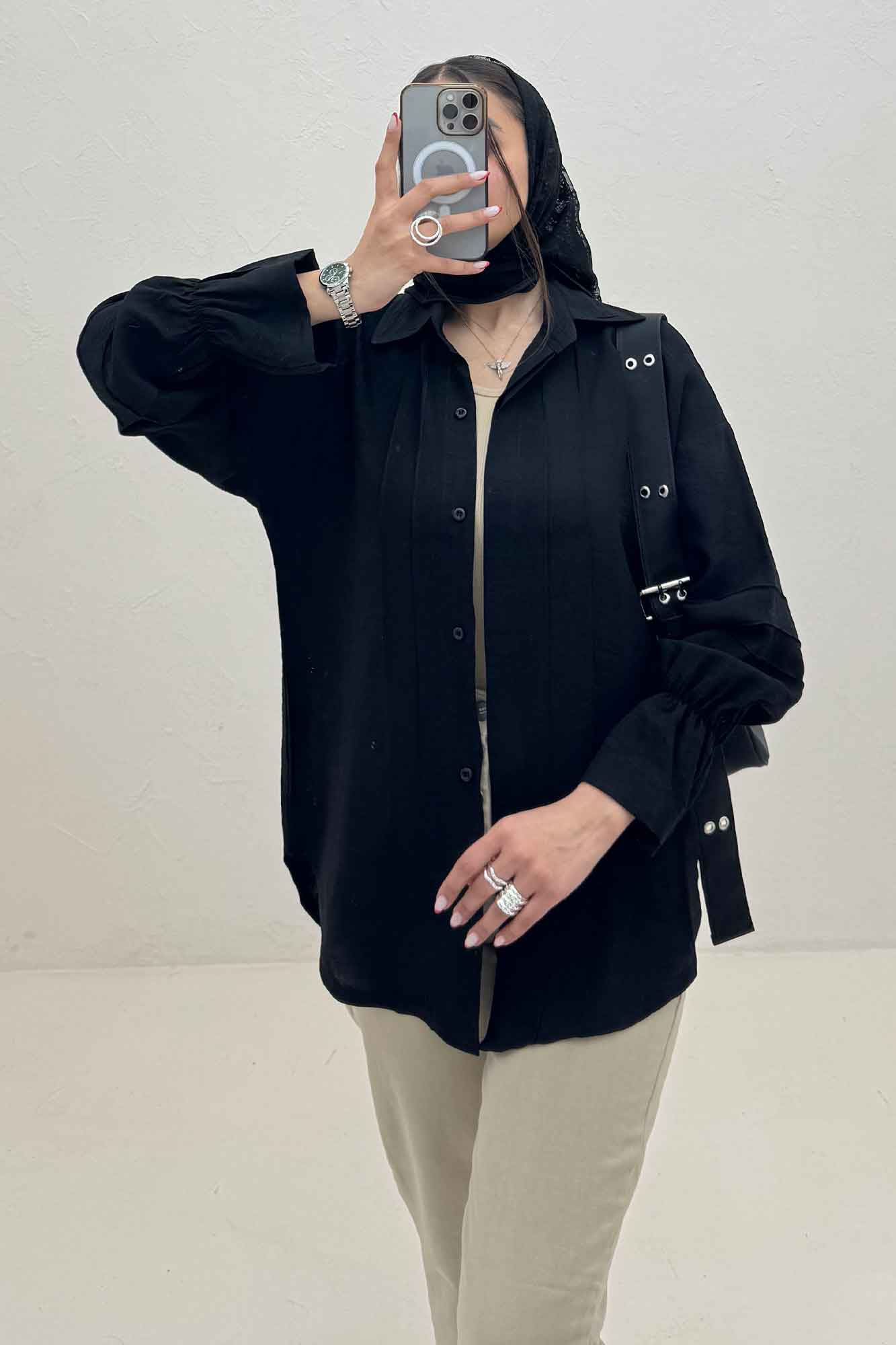 شومیز مانتویی خط دار آستین کش کرسپو