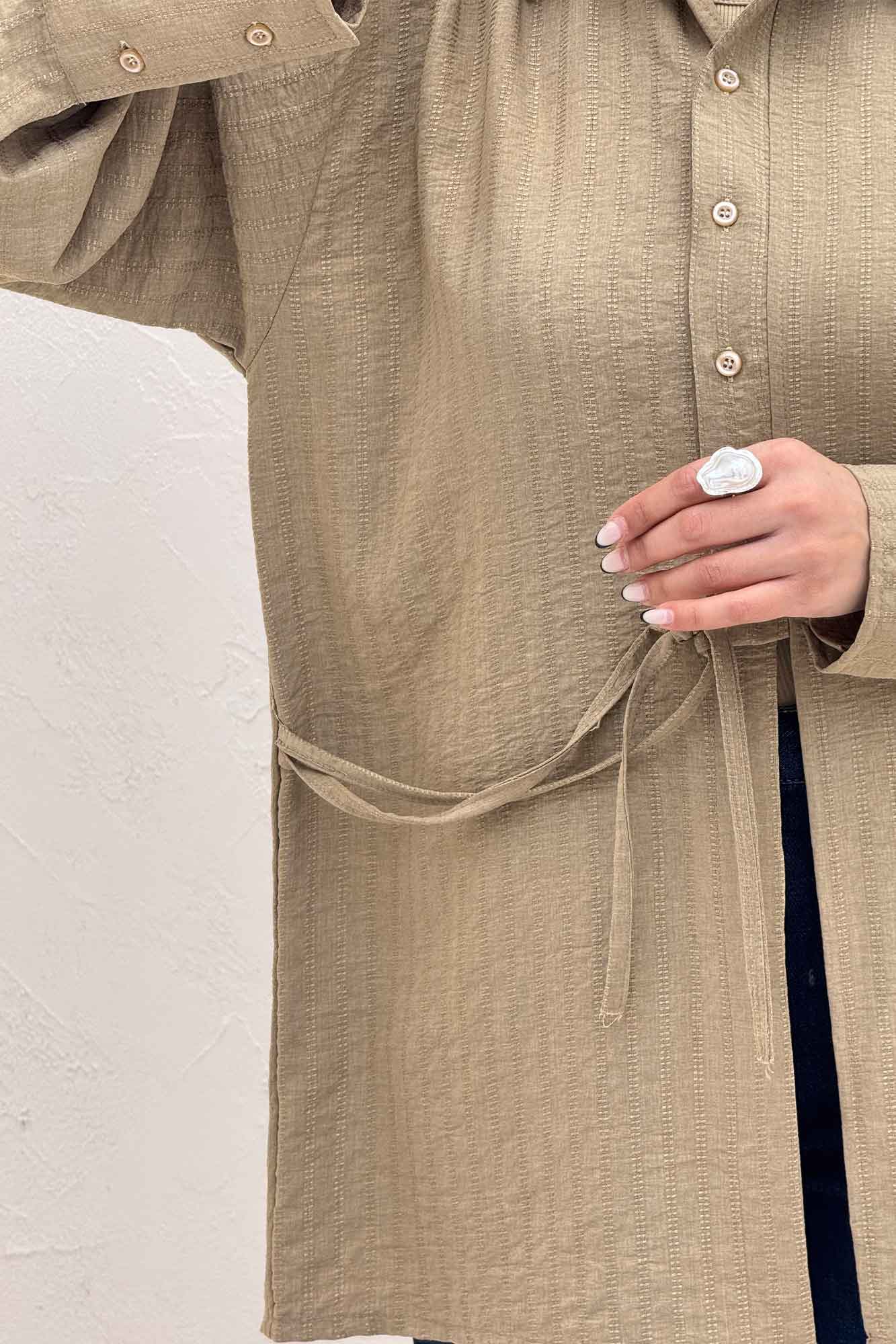 مانتو شانتون زیپی مچ پهن جلو بنددار