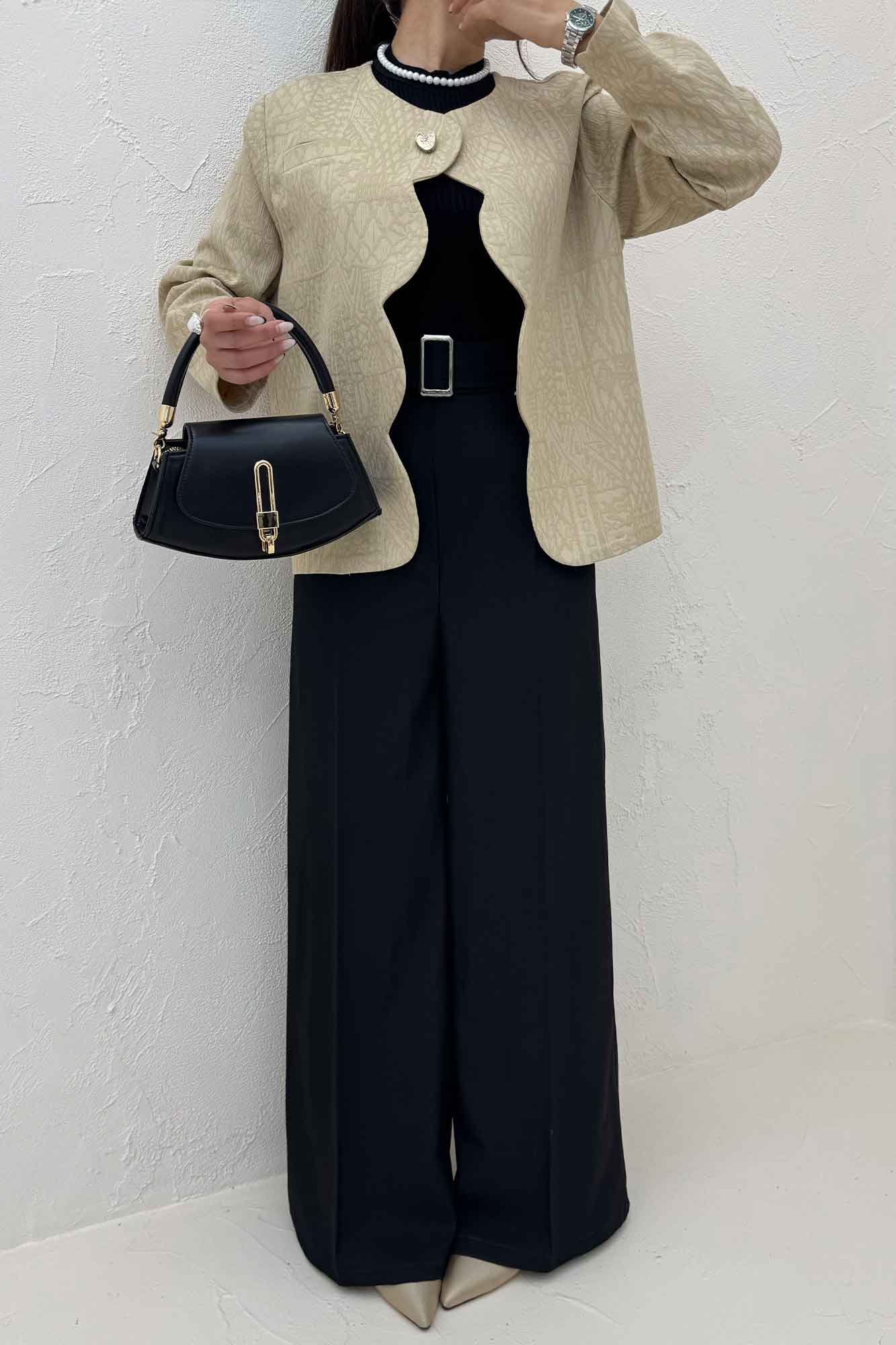 کت ژاکارد جلو موجی تک دکمه