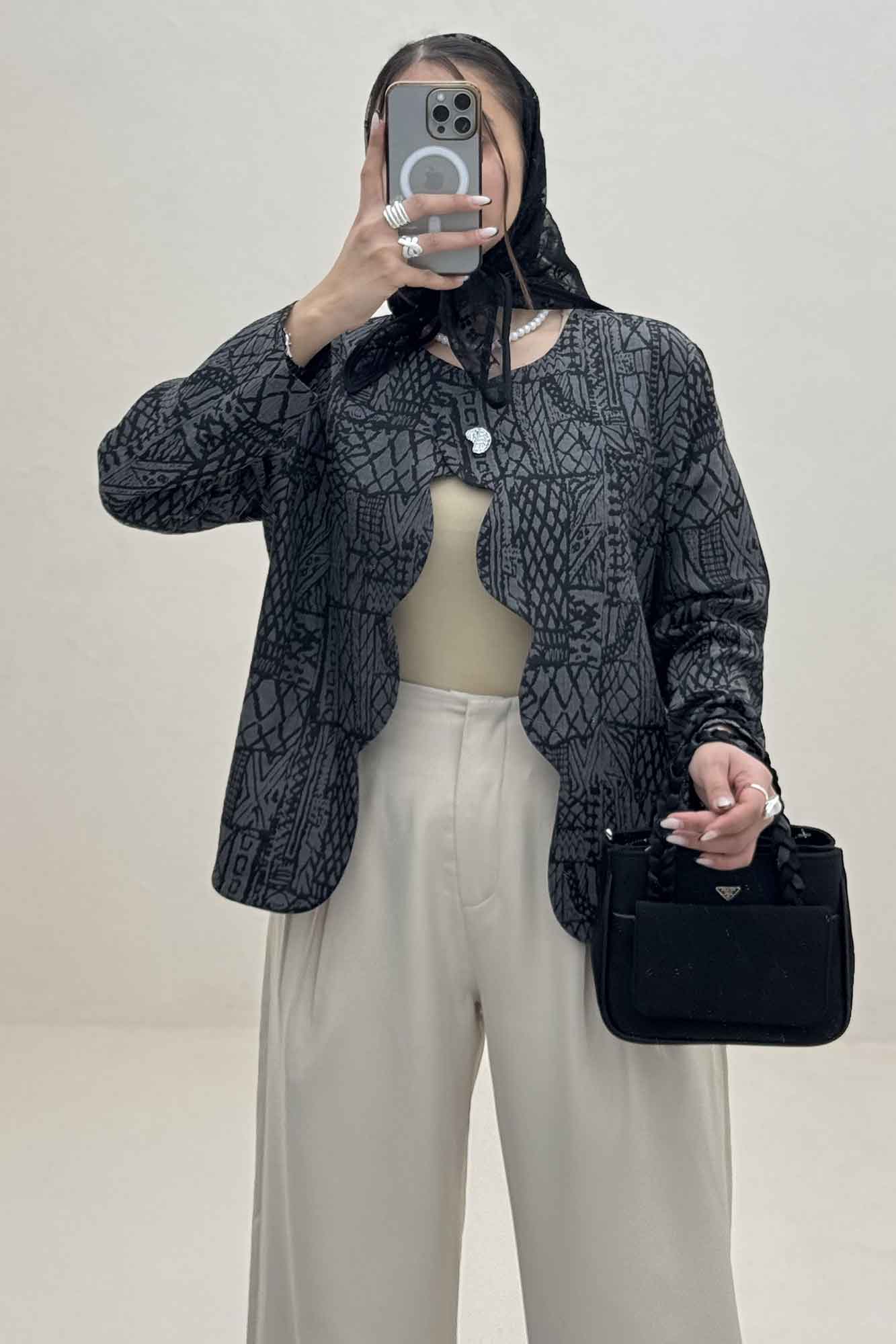 کت ژاکارد جلو موجی تک دکمه