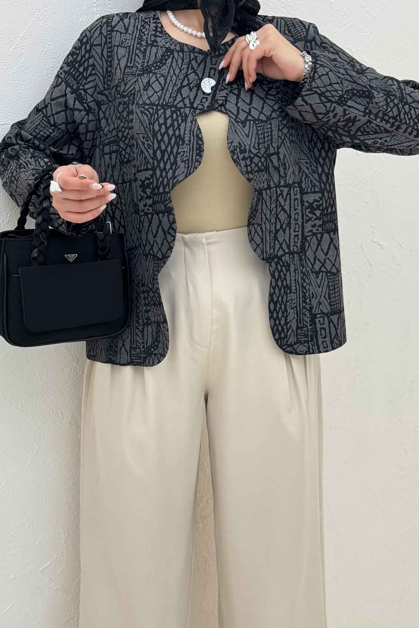 کت ژاکارد جلو موجی تک دکمه