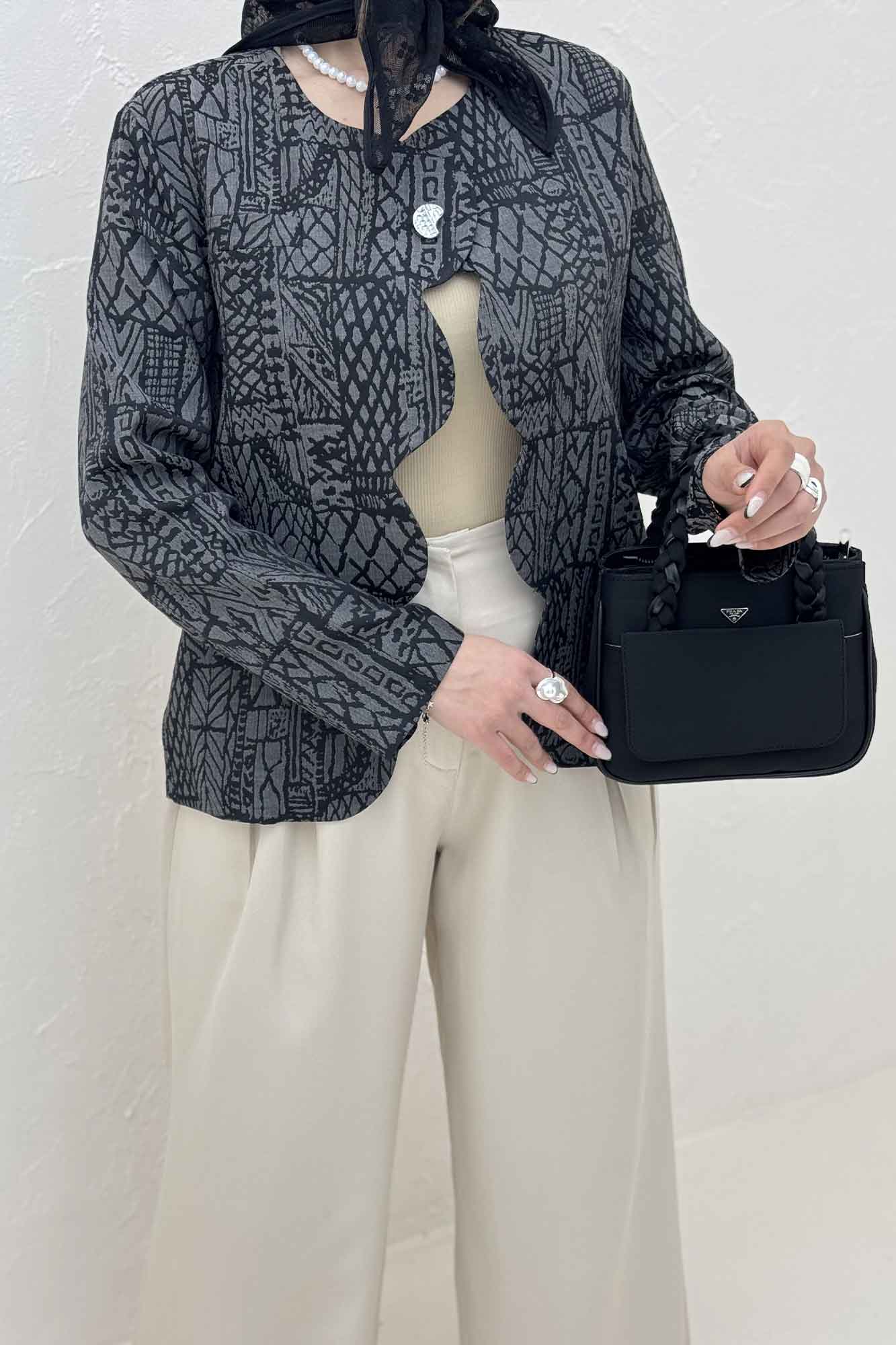 کت ژاکارد جلو موجی تک دکمه