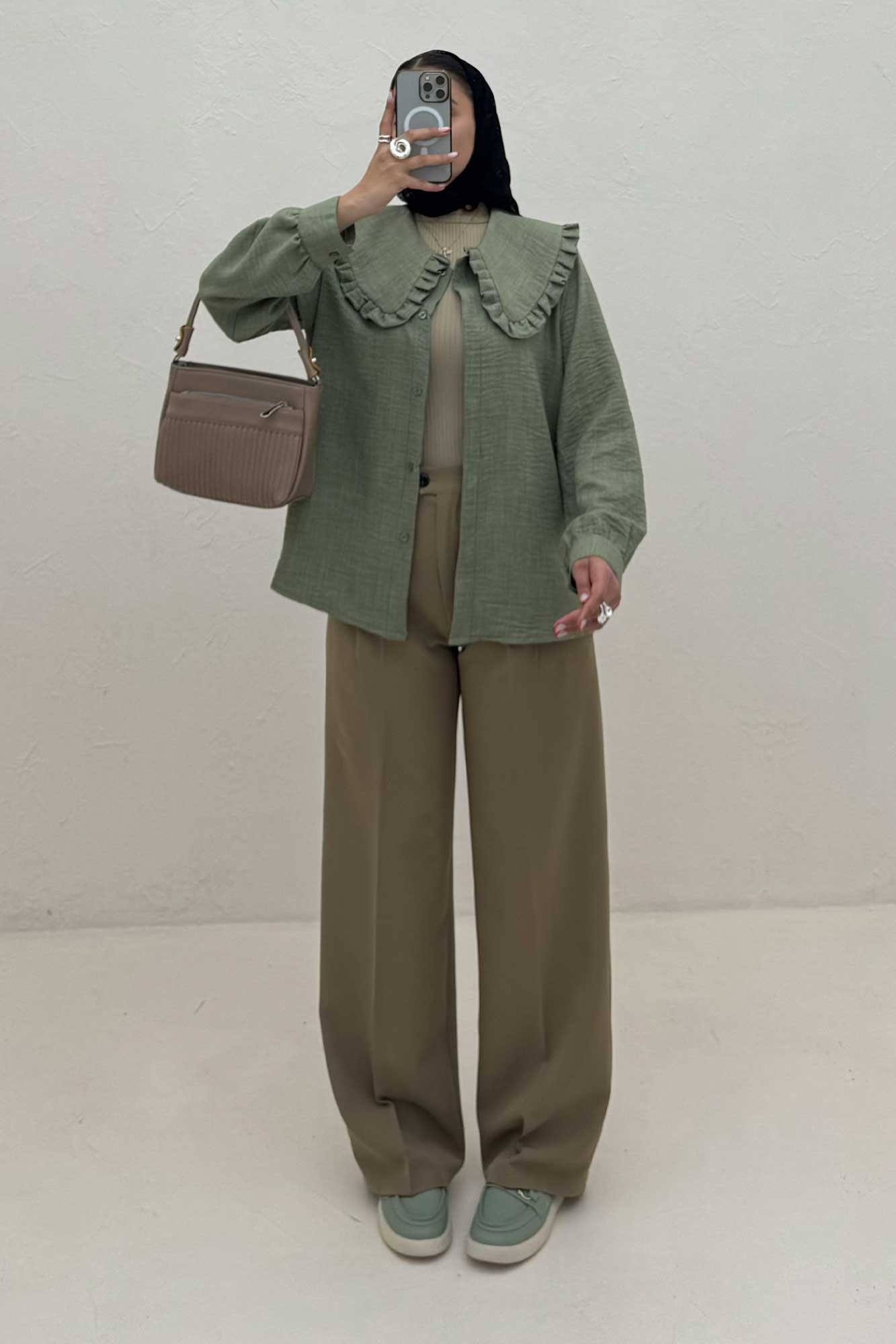 شومیز مانتویی شانتون یقه دورچین STYLE