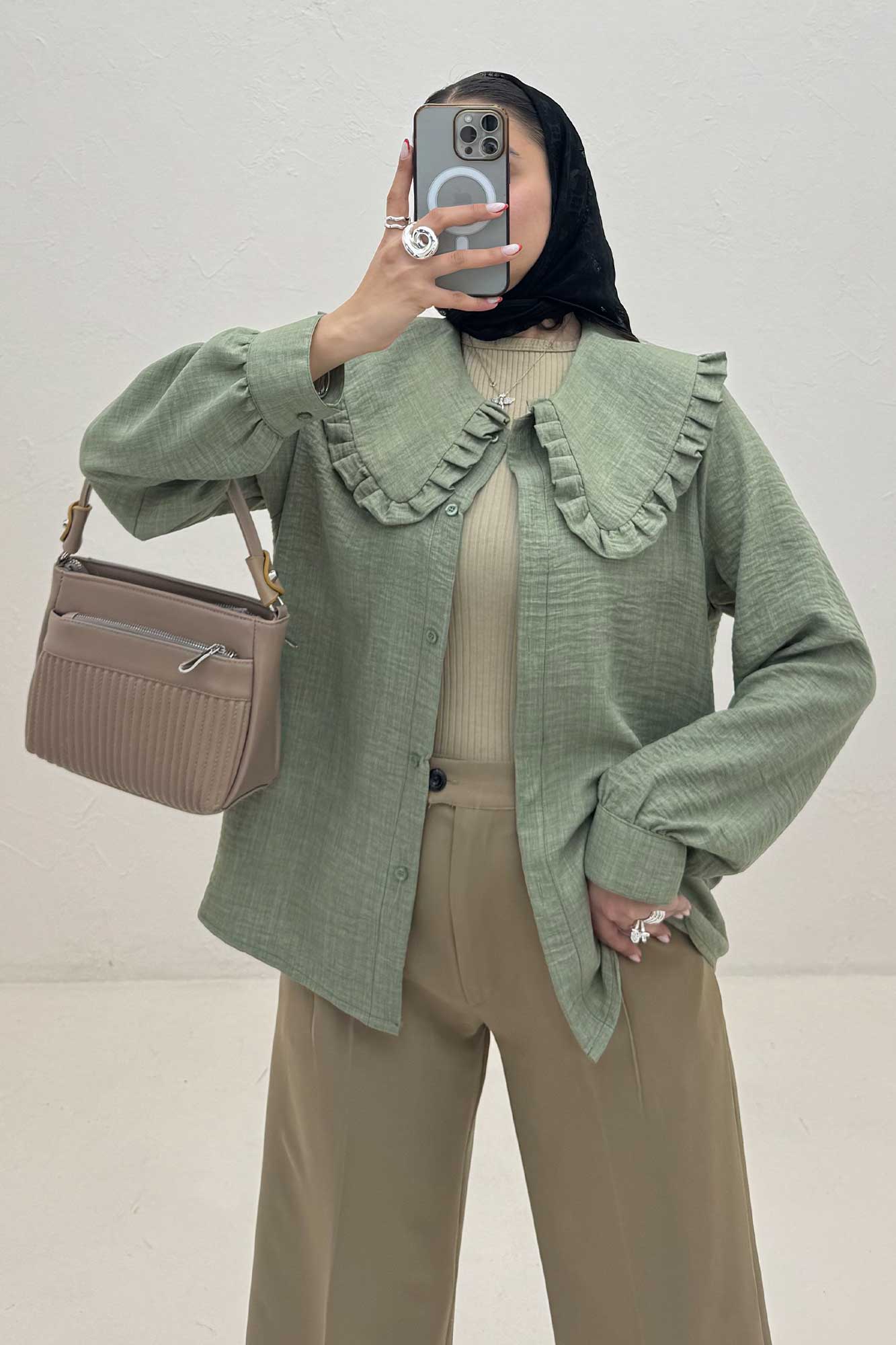 شومیز مانتویی شانتون یقه دورچین STYLE