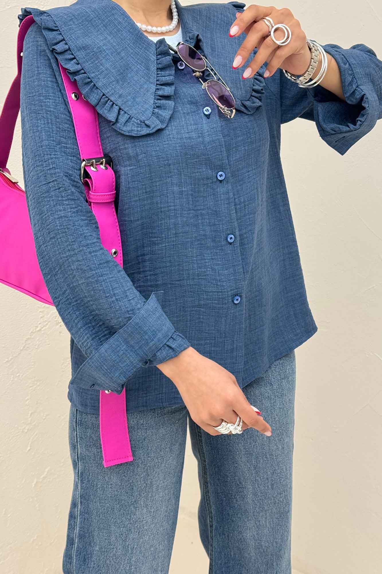 شومیز مانتویی شانتون یقه دورچین STYLE