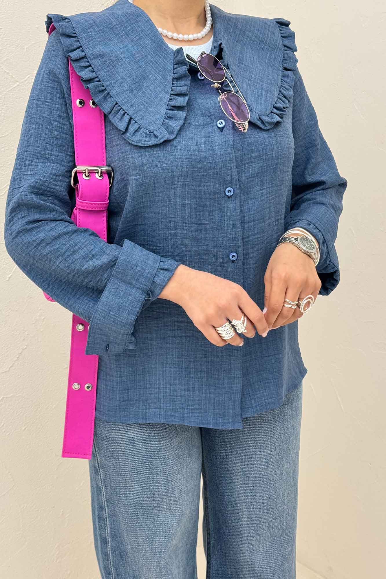 شومیز مانتویی شانتون یقه دورچین STYLE