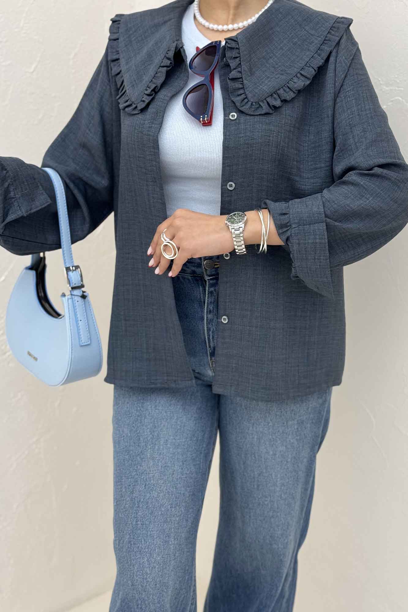 شومیز مانتویی شانتون یقه دورچین STYLE