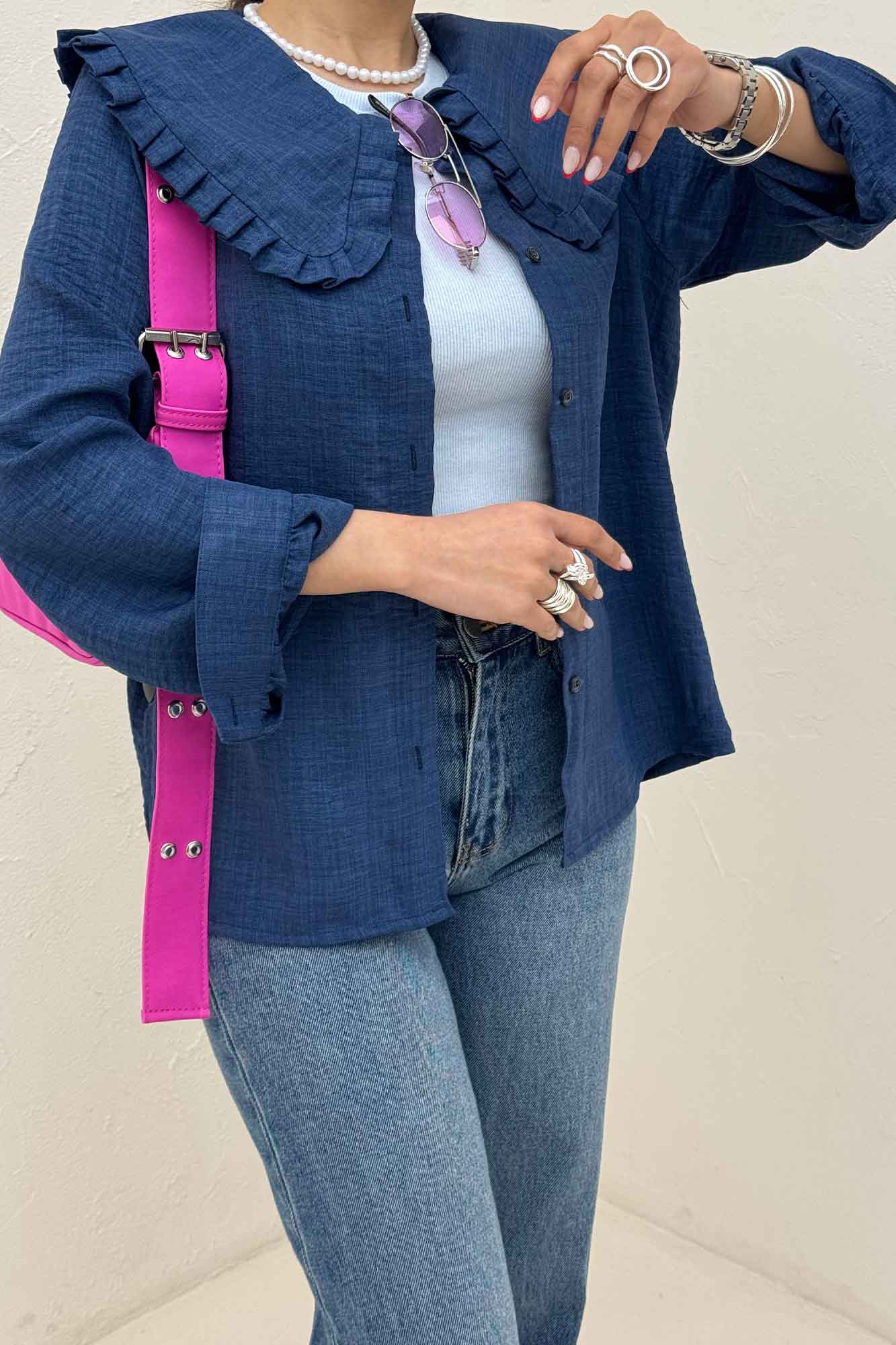 شومیز مانتویی شانتون یقه دورچین STYLE