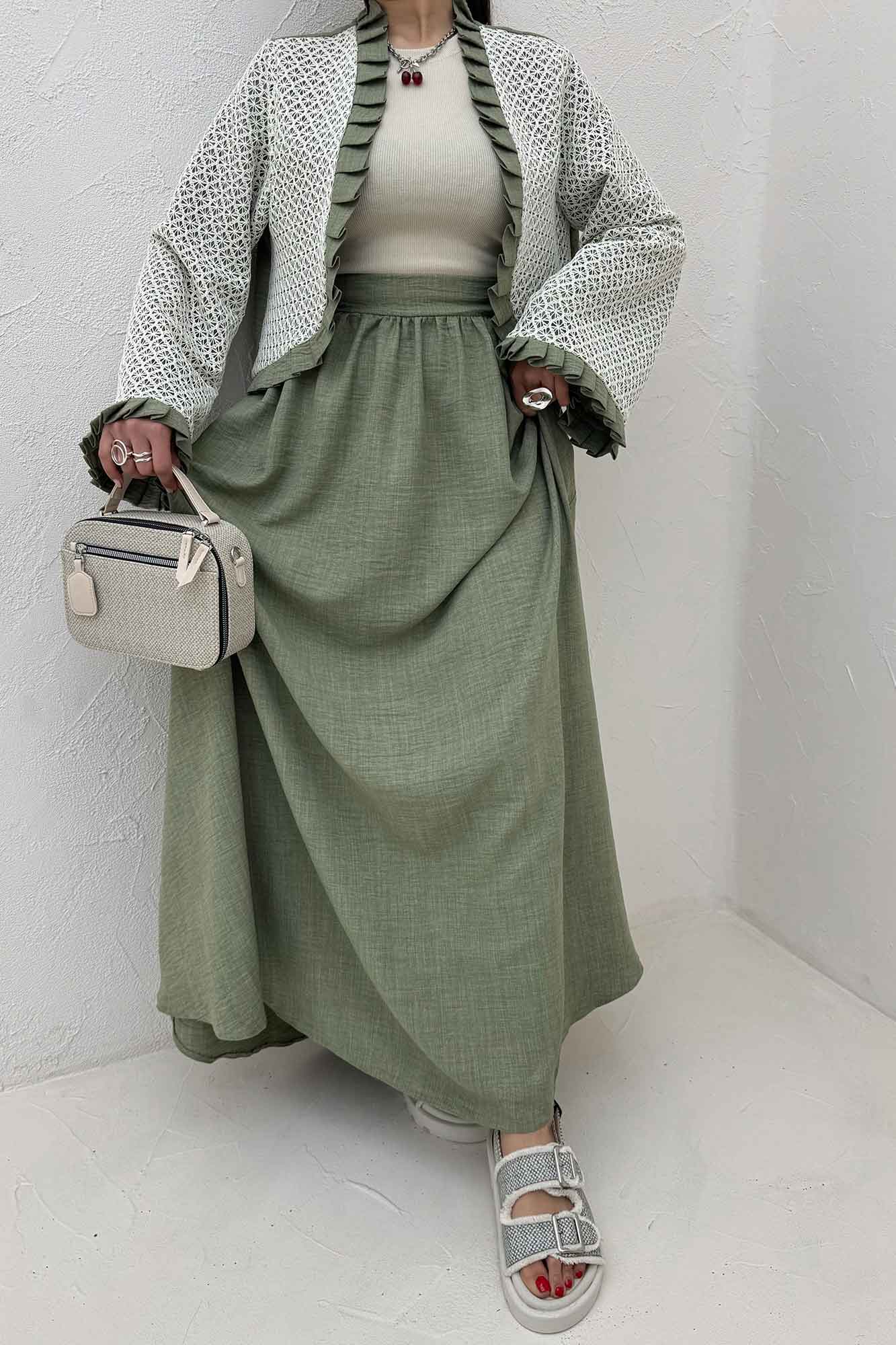 ست کت و دامن شانتون قلاب بافی دور پیله