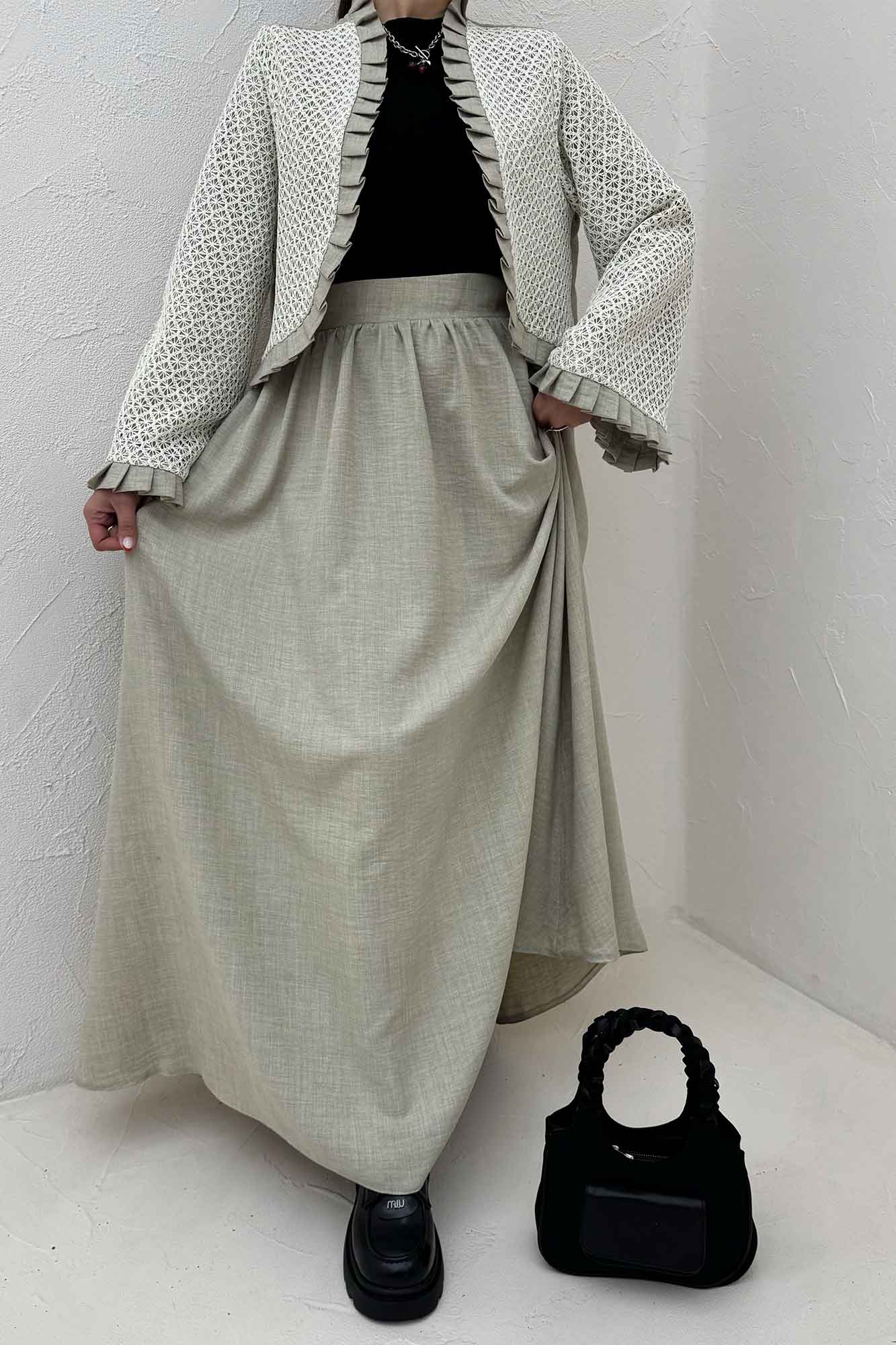 ست کت و دامن شانتون قلاب بافی دور پیله